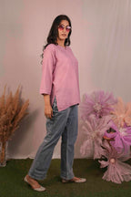 Chanderi Chikankari Pink Short Kurti