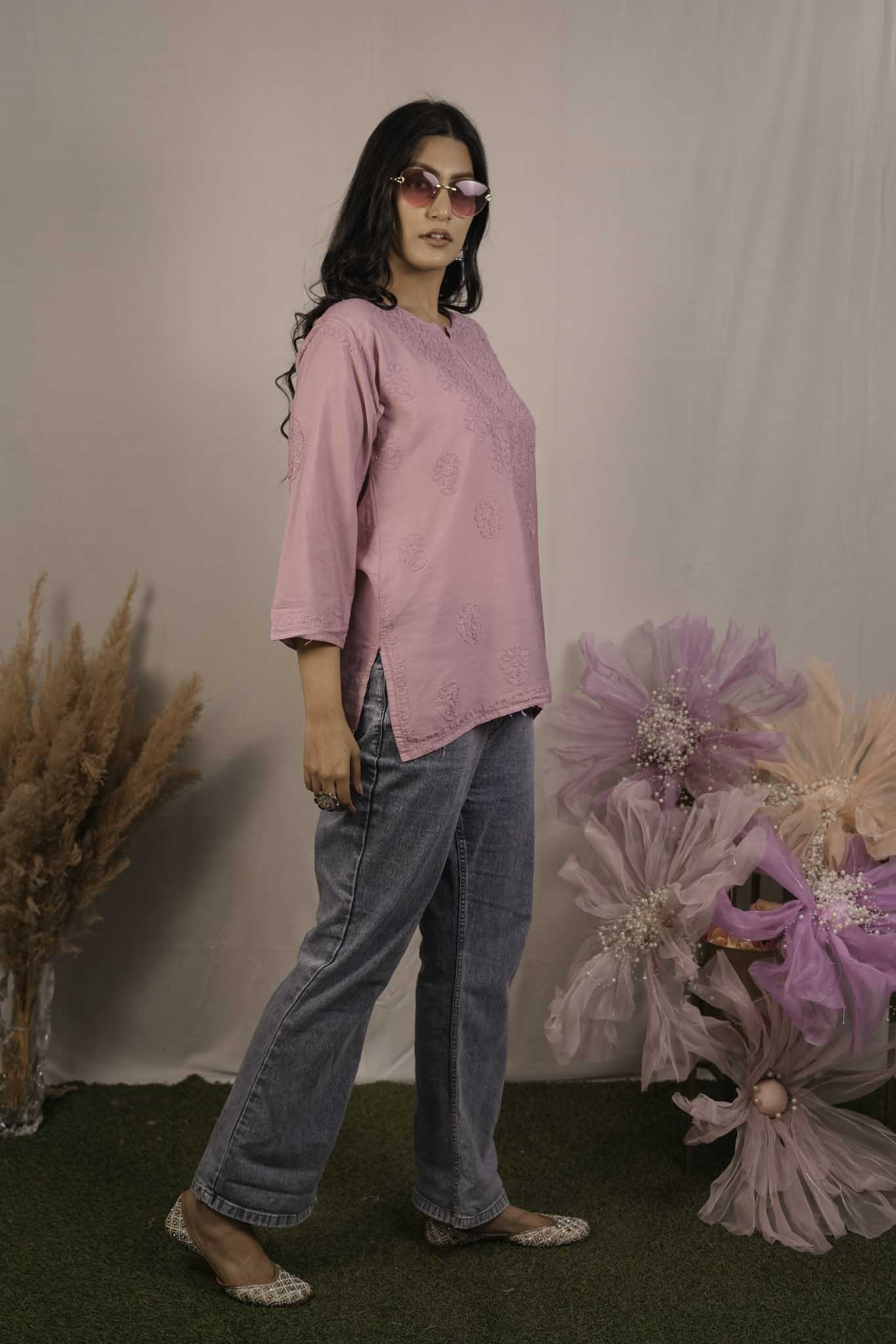 Chanderi Chikankari Pink Short Kurti