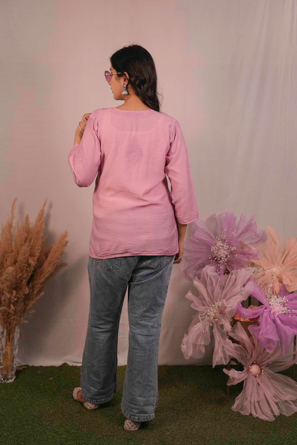 Chanderi Chikankari Pink Short Kurti