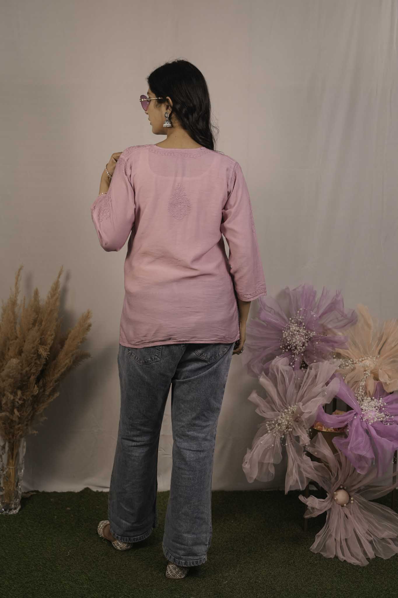 Chanderi Chikankari Pink Short Kurti