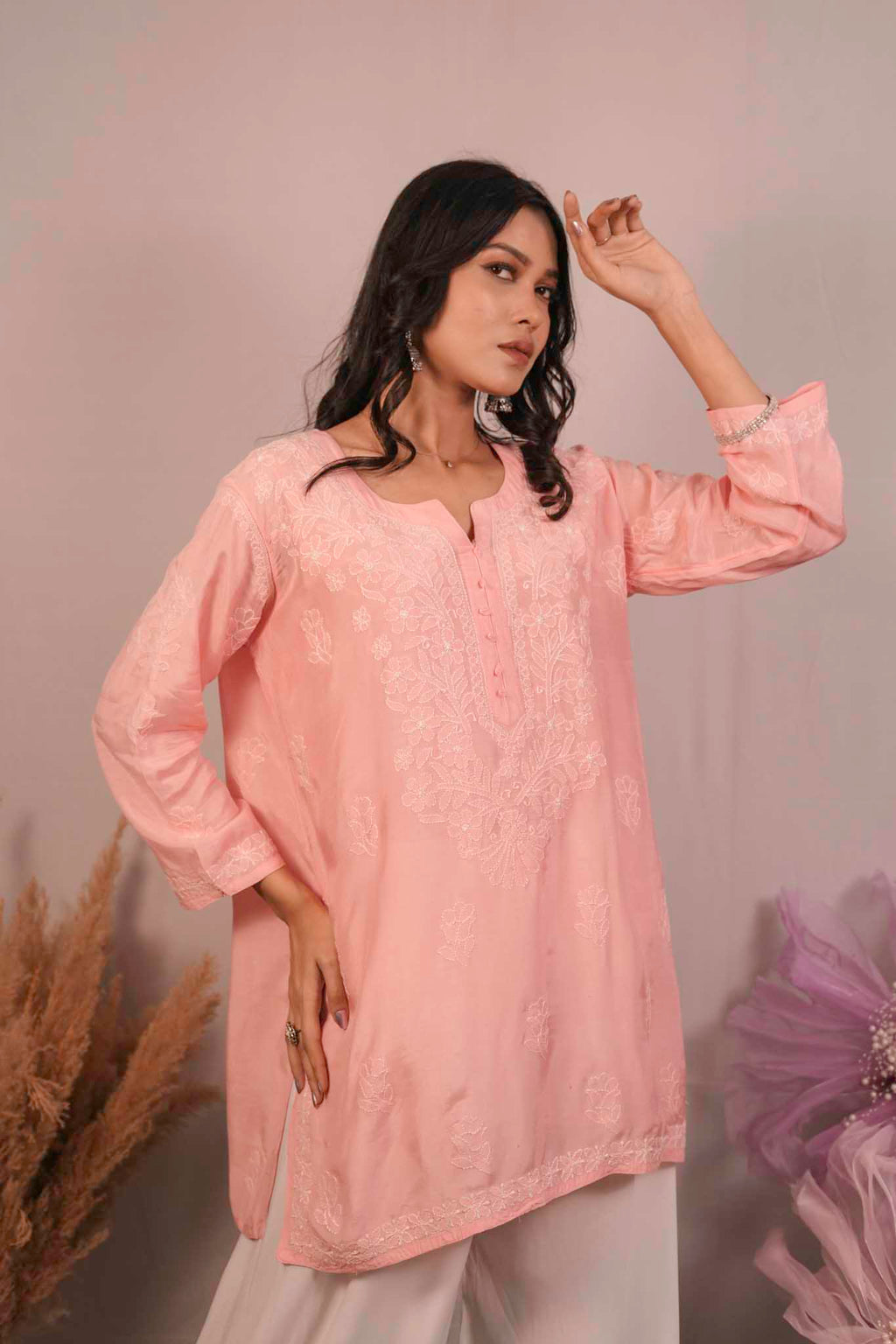 Muslin Chikankari Pink Short Top