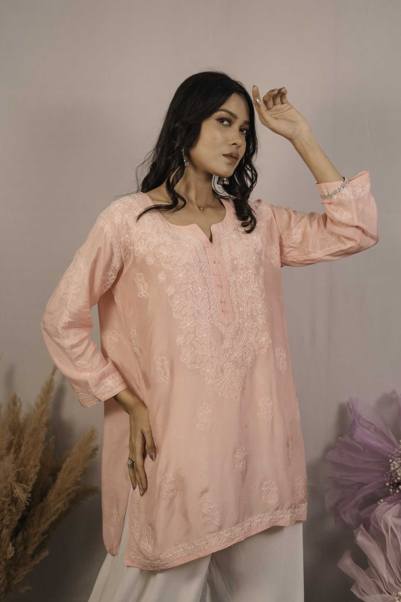 Muslin Chikankari Pink Short Top