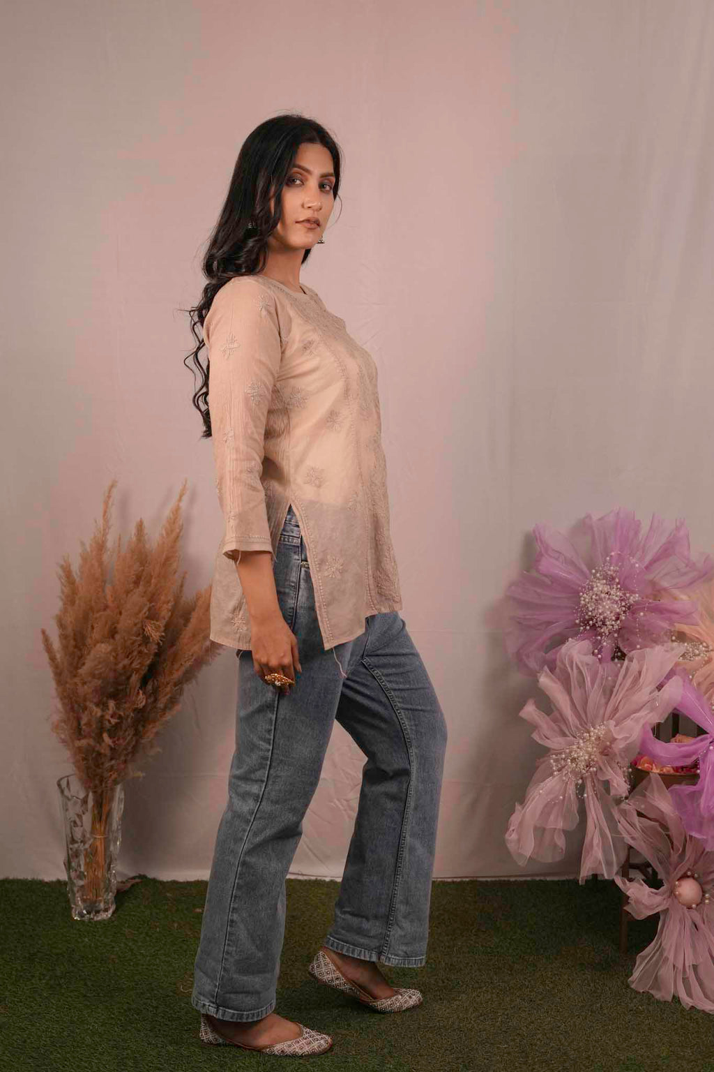 Mulmul Chikankari Brown Short Top
