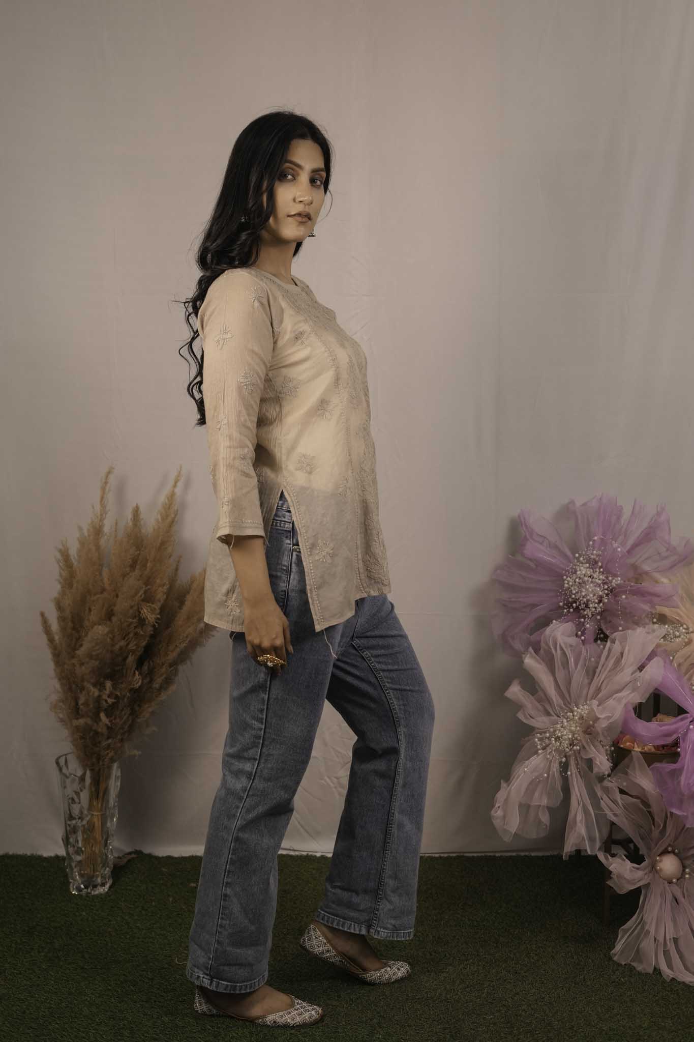 Mulmul Chikankari Brown Short Top