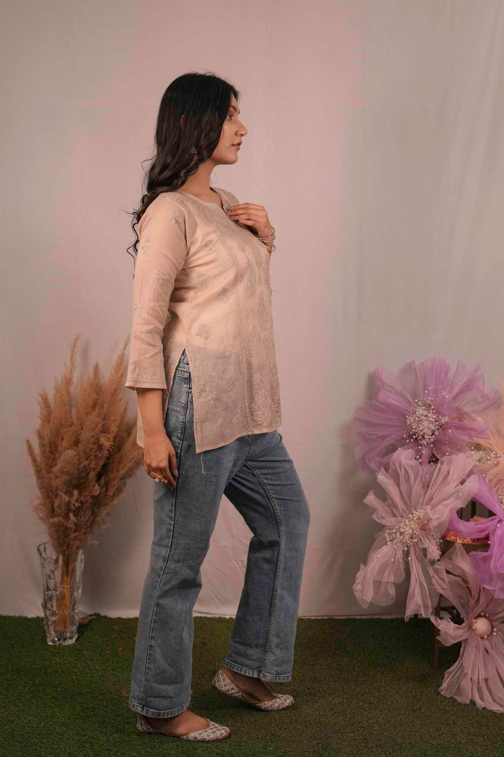 Mulmul Chikankari Brown Short Top