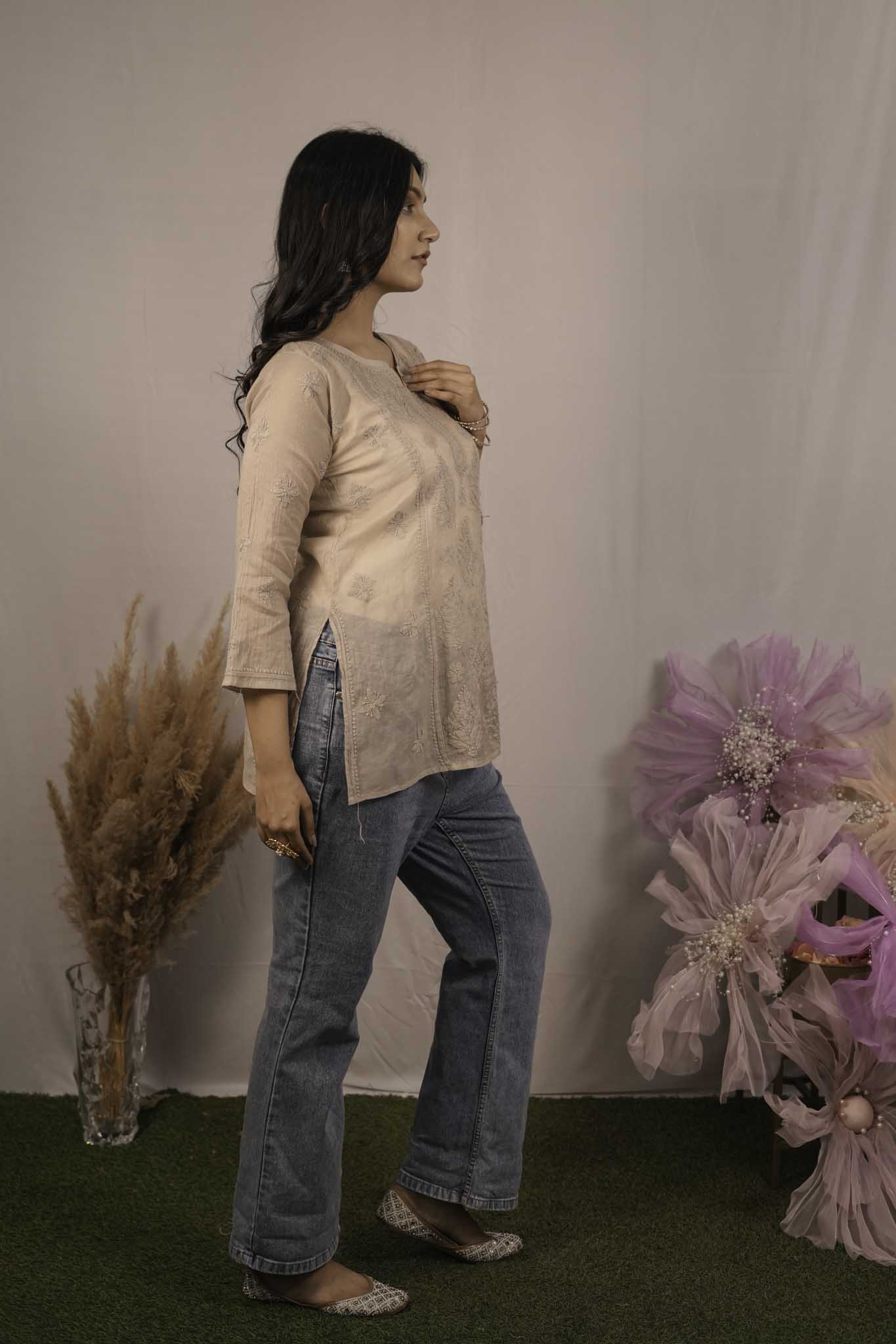 Mulmul Chikankari Brown Short Top