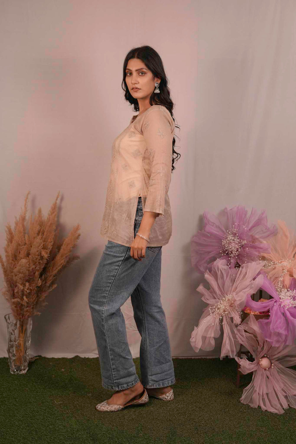 Mulmul Chikankari Brown Short Top