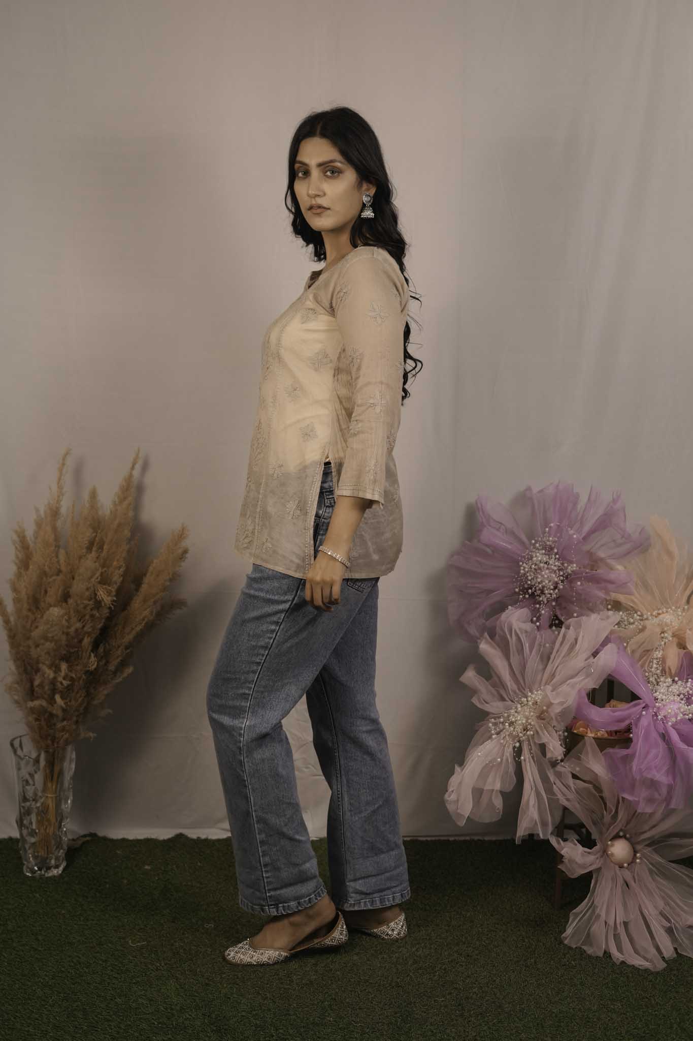 Mulmul Chikankari Brown Short Top
