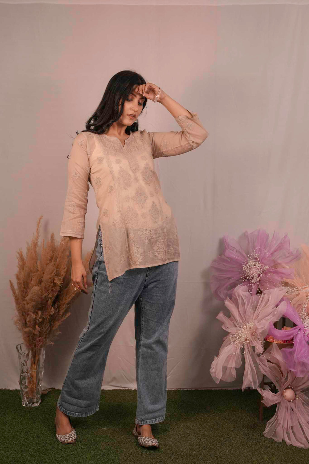 Mulmul Chikankari Brown Short Top