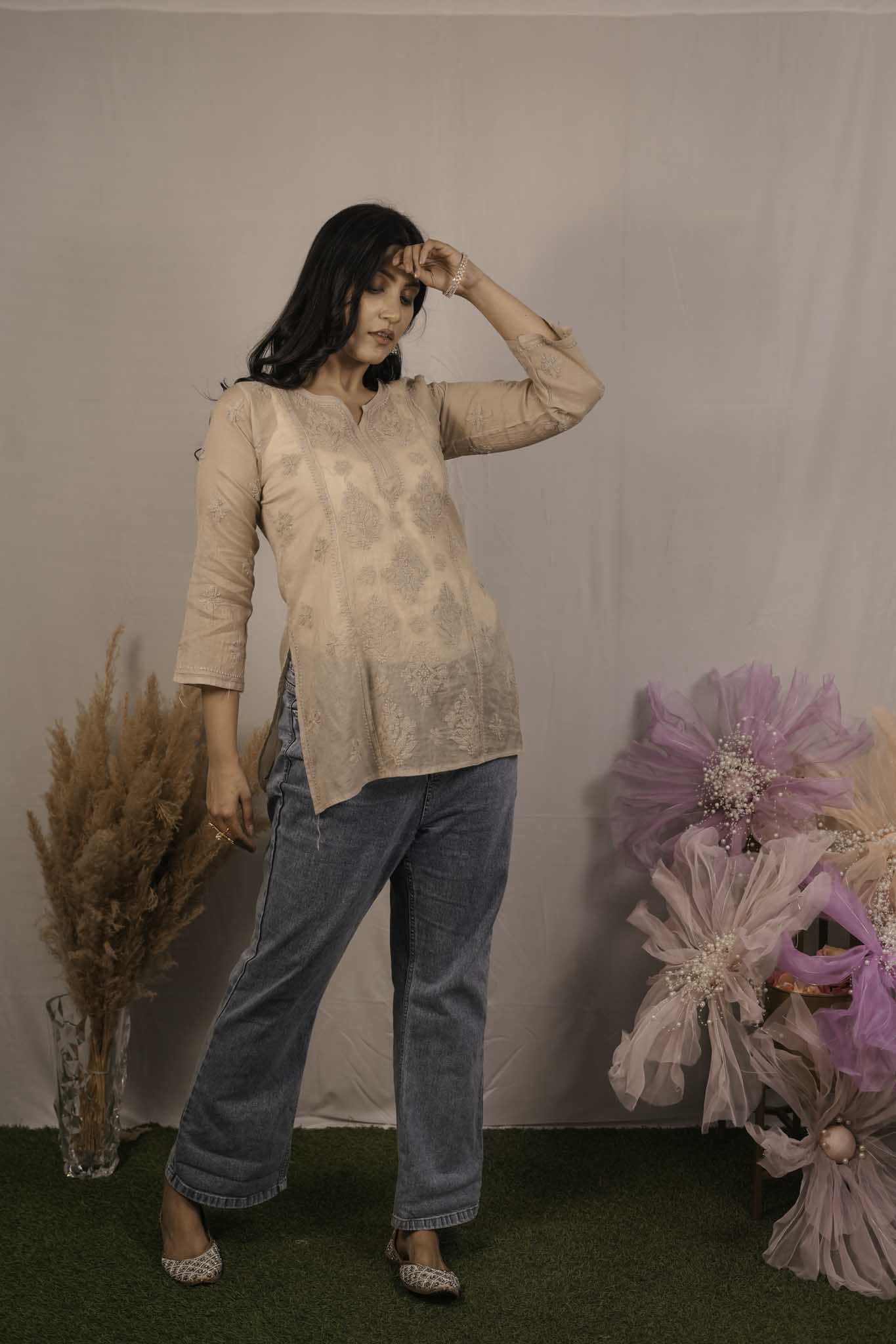 Mulmul Chikankari Brown Short Top