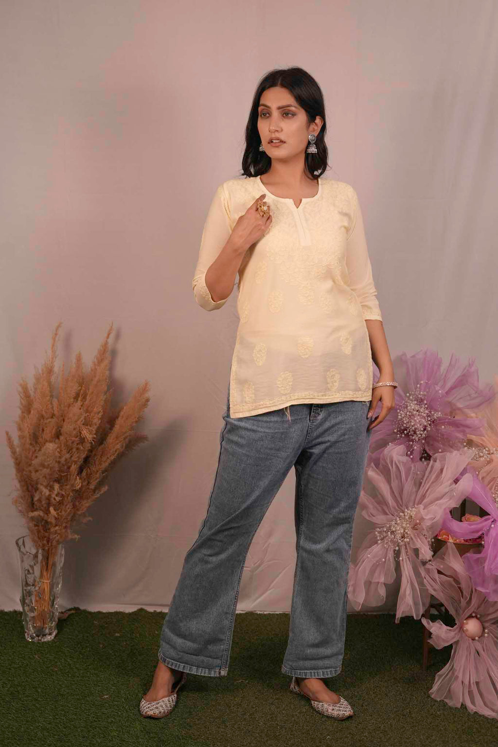 Chanderi Chikankari Yellow Short Kurti
