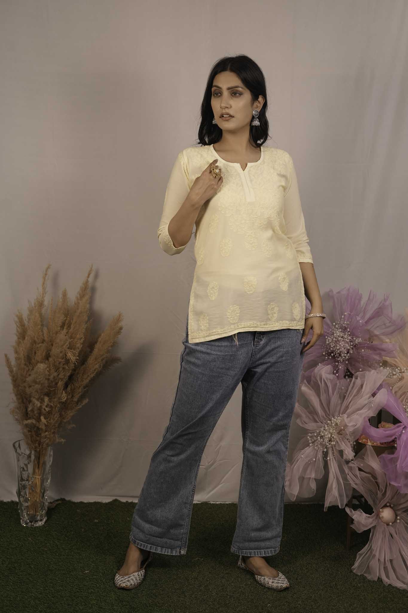 Chanderi Chikankari Yellow Short Kurti