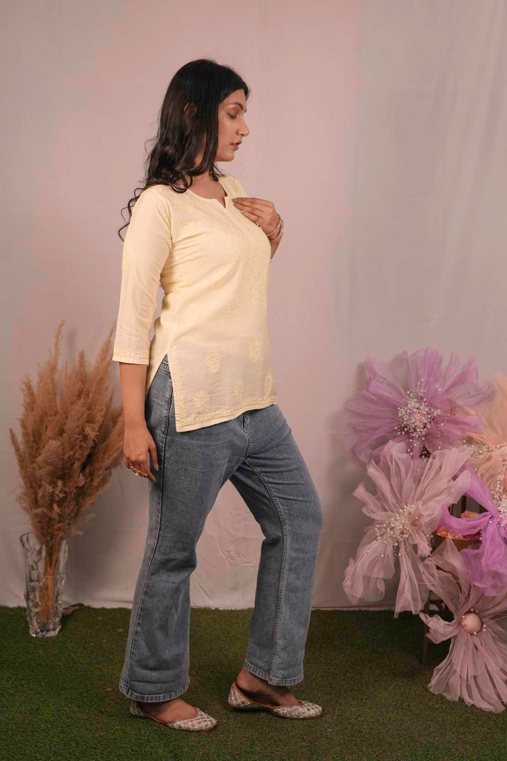Chanderi Chikankari Yellow Short Kurti