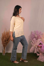 Chanderi Chikankari Yellow Short Kurti