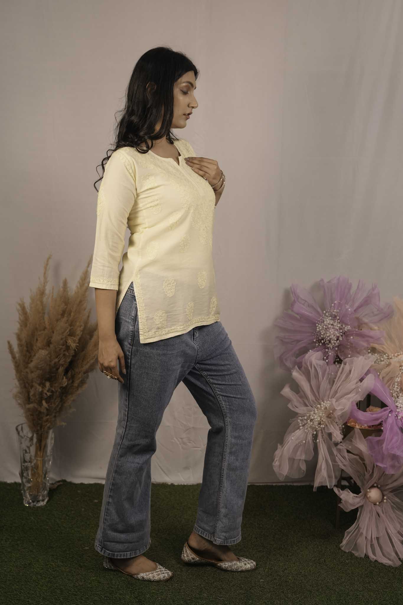 Chanderi Chikankari Yellow Short Kurti