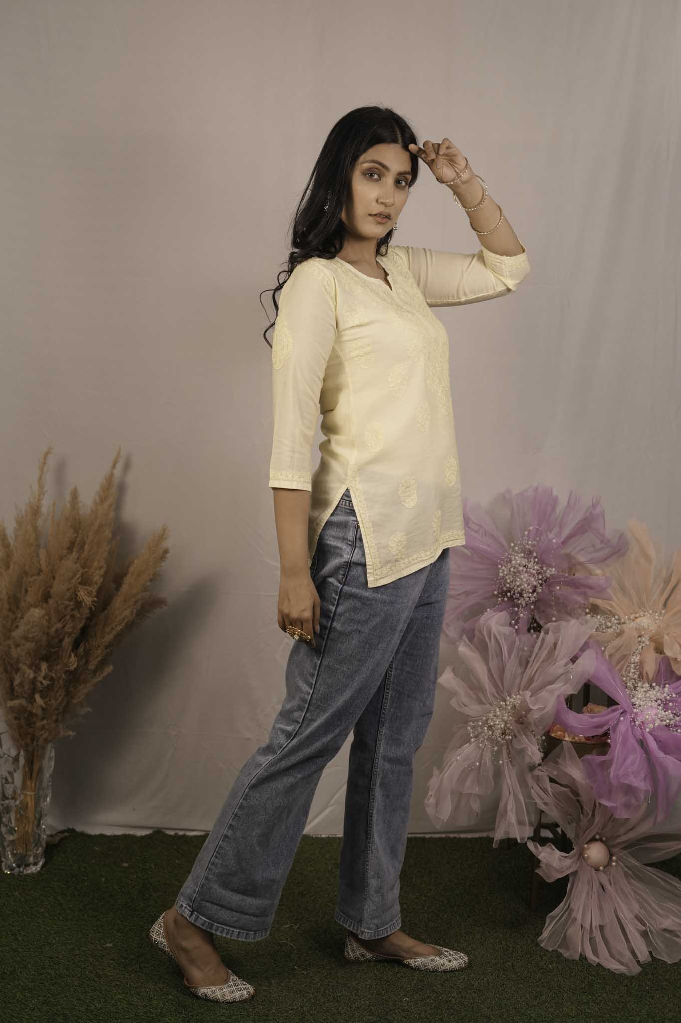 Chanderi Chikankari Yellow Short Kurti