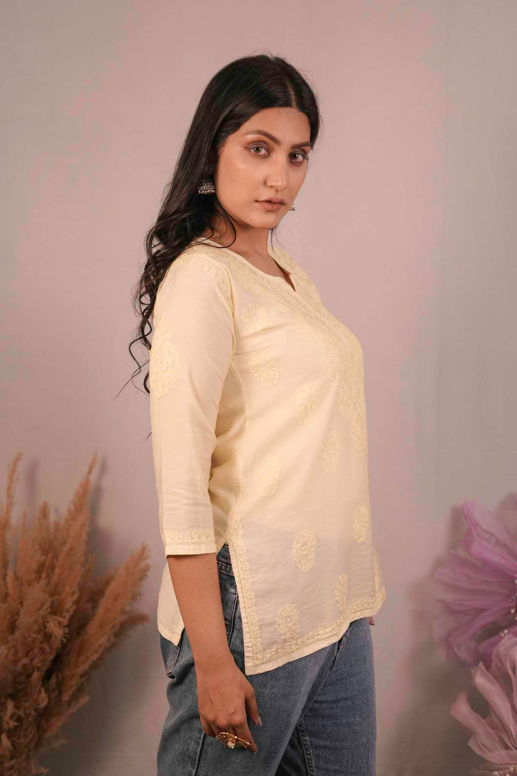 Chanderi Chikankari Yellow Short Kurti