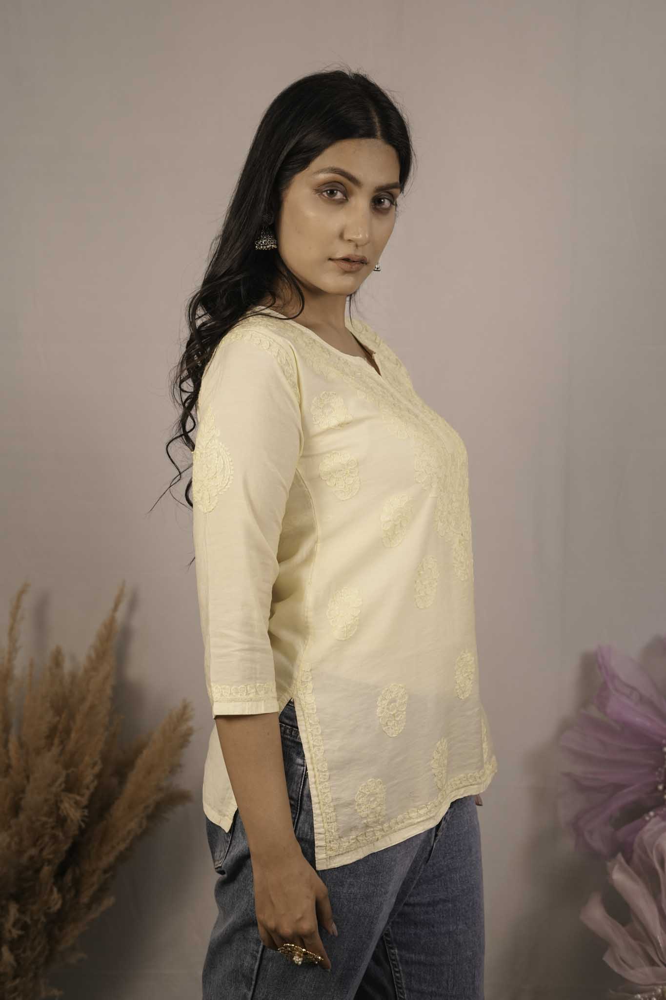 Chanderi Chikankari Yellow Short Kurti