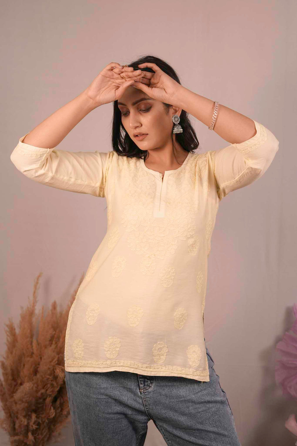 Chanderi Chikankari Yellow Short Kurti