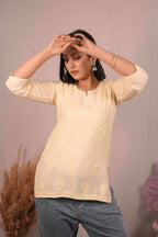 Chanderi Chikankari Yellow Short Kurti