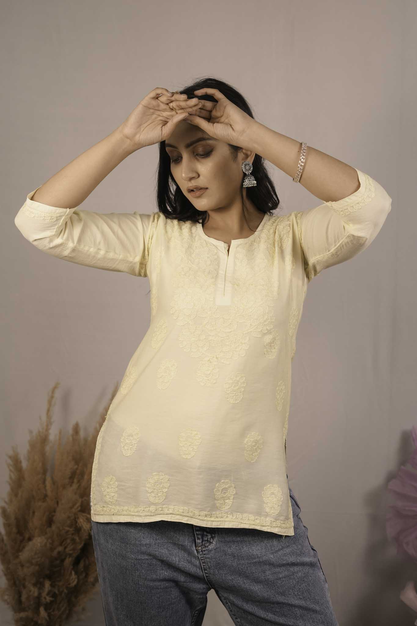 Chanderi Chikankari Yellow Short Kurti