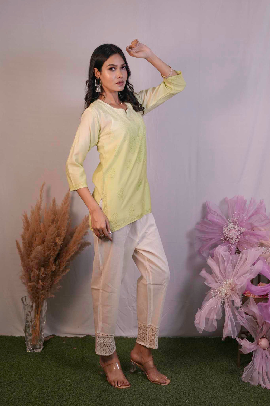 Chanderi Chikankari Yellow Short Kurti