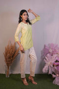 Chanderi Chikankari Yellow Short Kurti