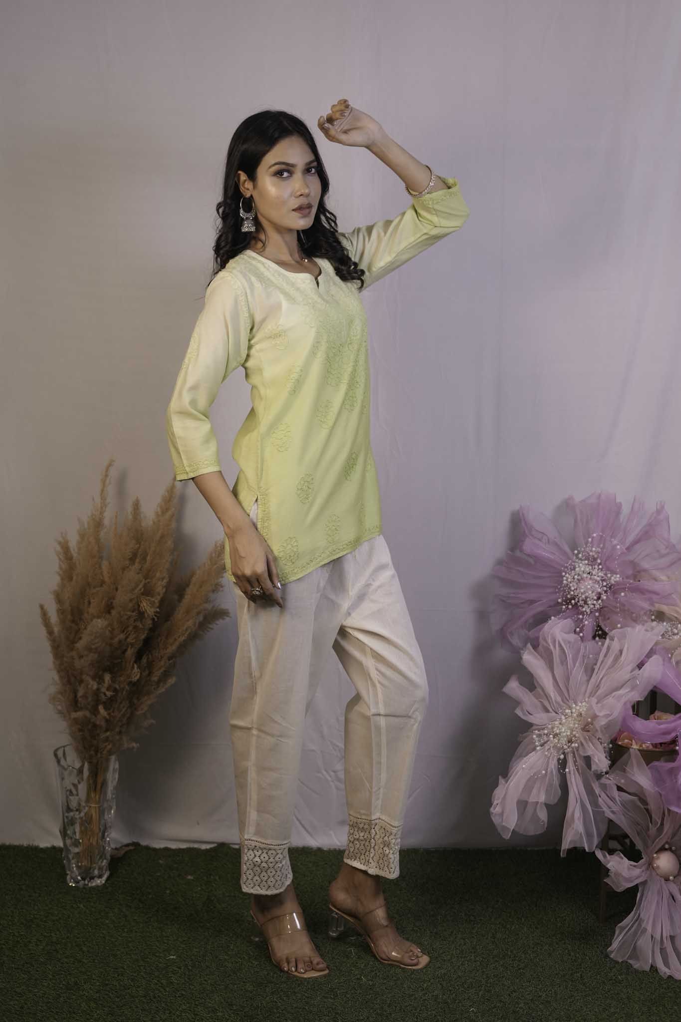 Chanderi Chikankari Yellow Short Kurti