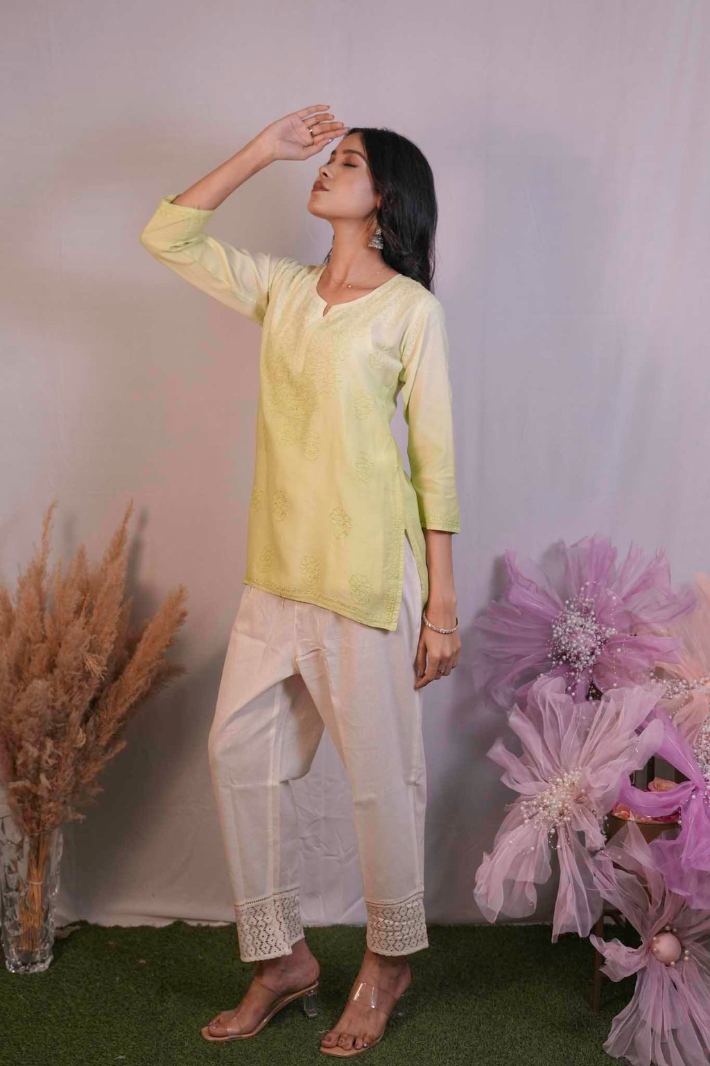 Chanderi Chikankari Yellow Short Kurti