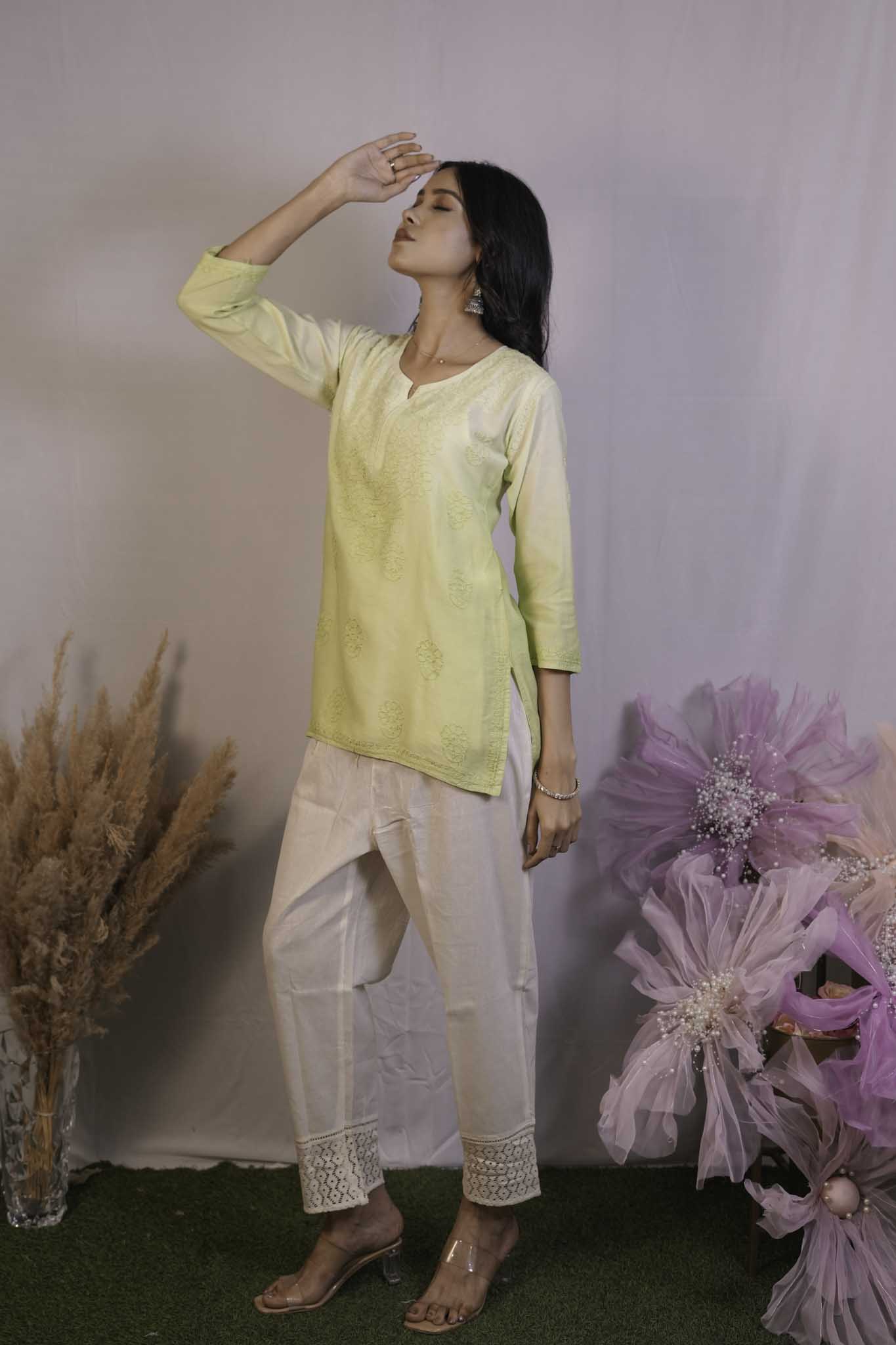 Chanderi Chikankari Yellow Short Kurti