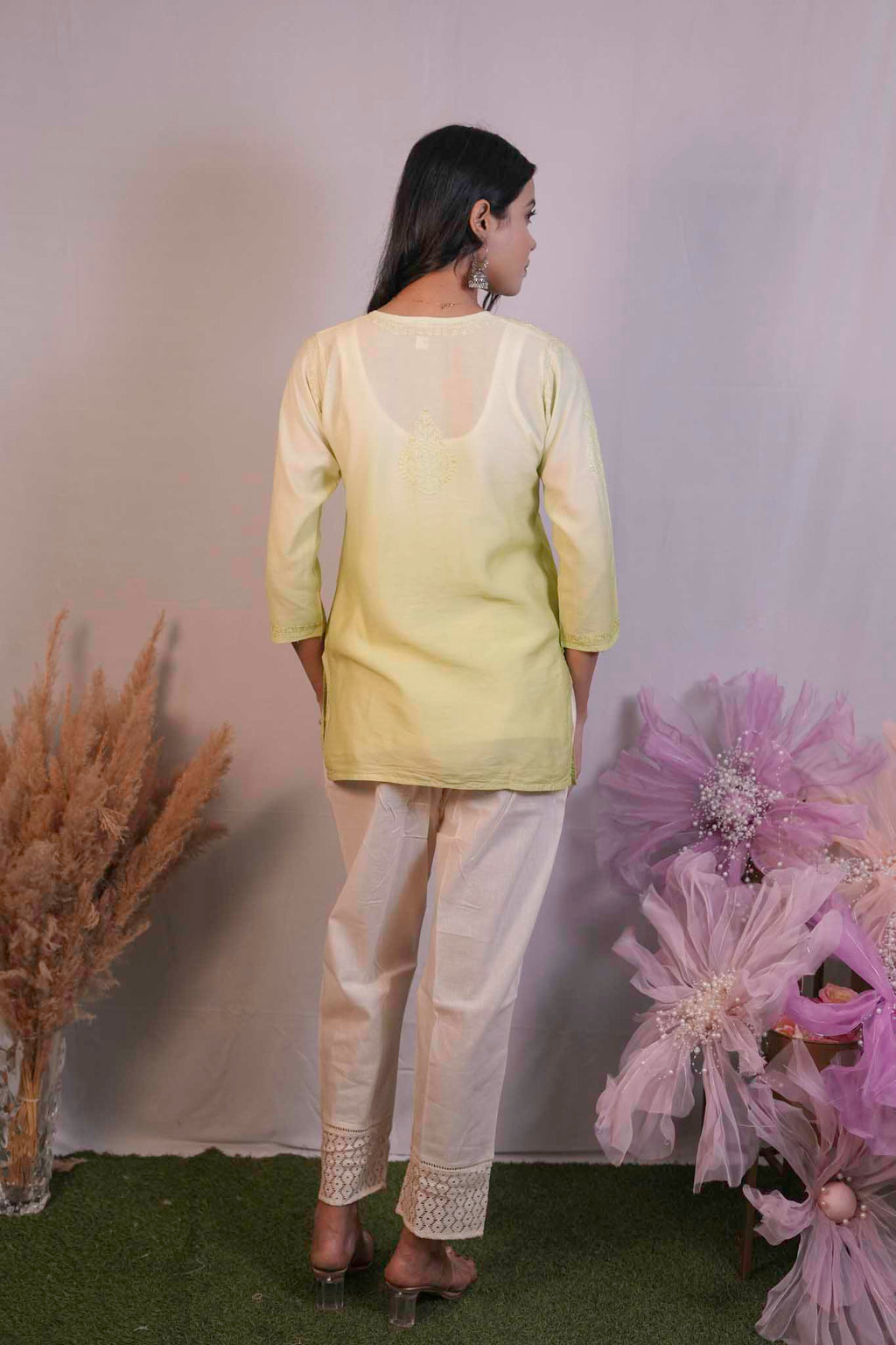 Chanderi Chikankari Yellow Short Kurti