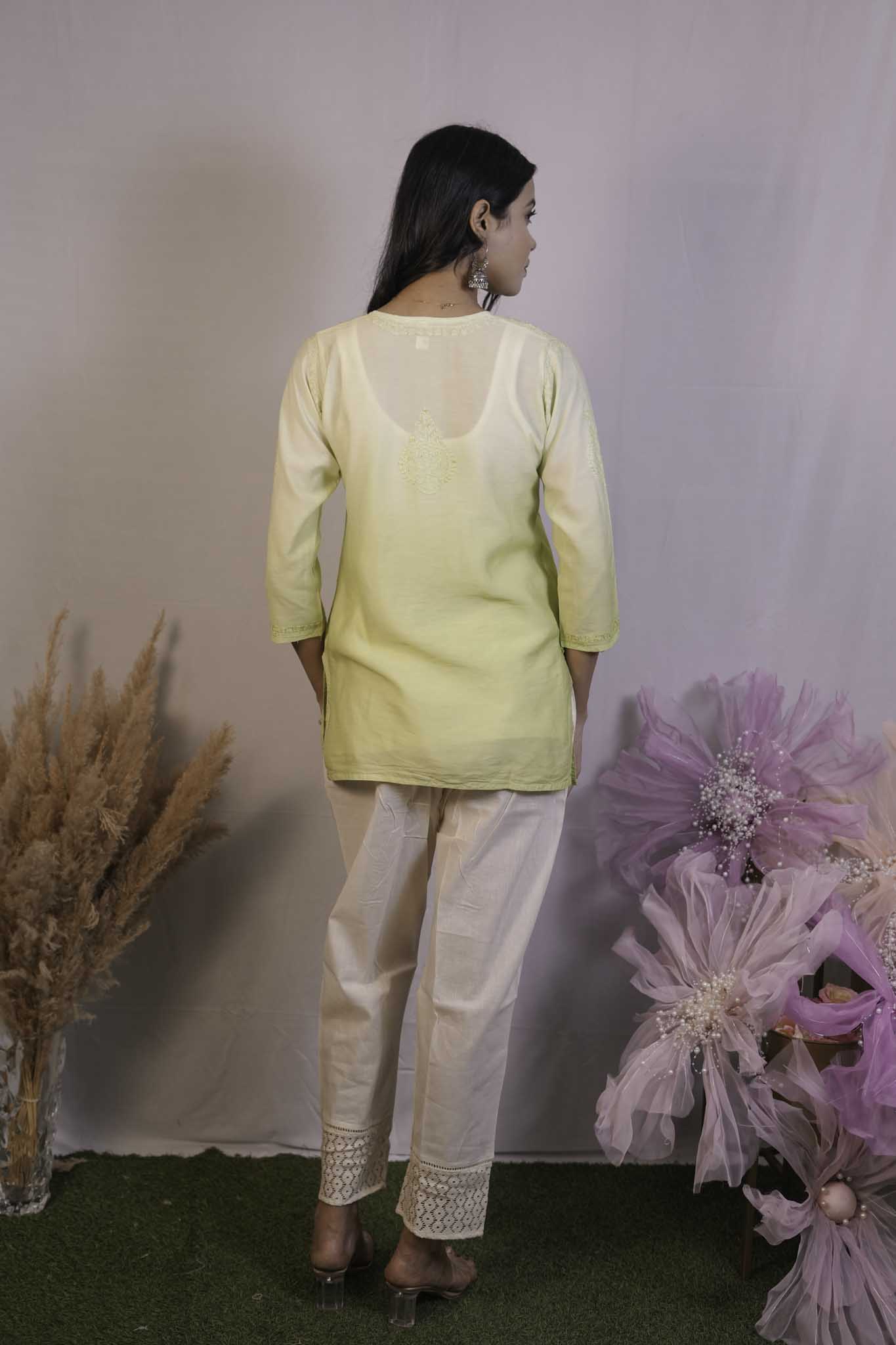 Chanderi Chikankari Yellow Short Kurti