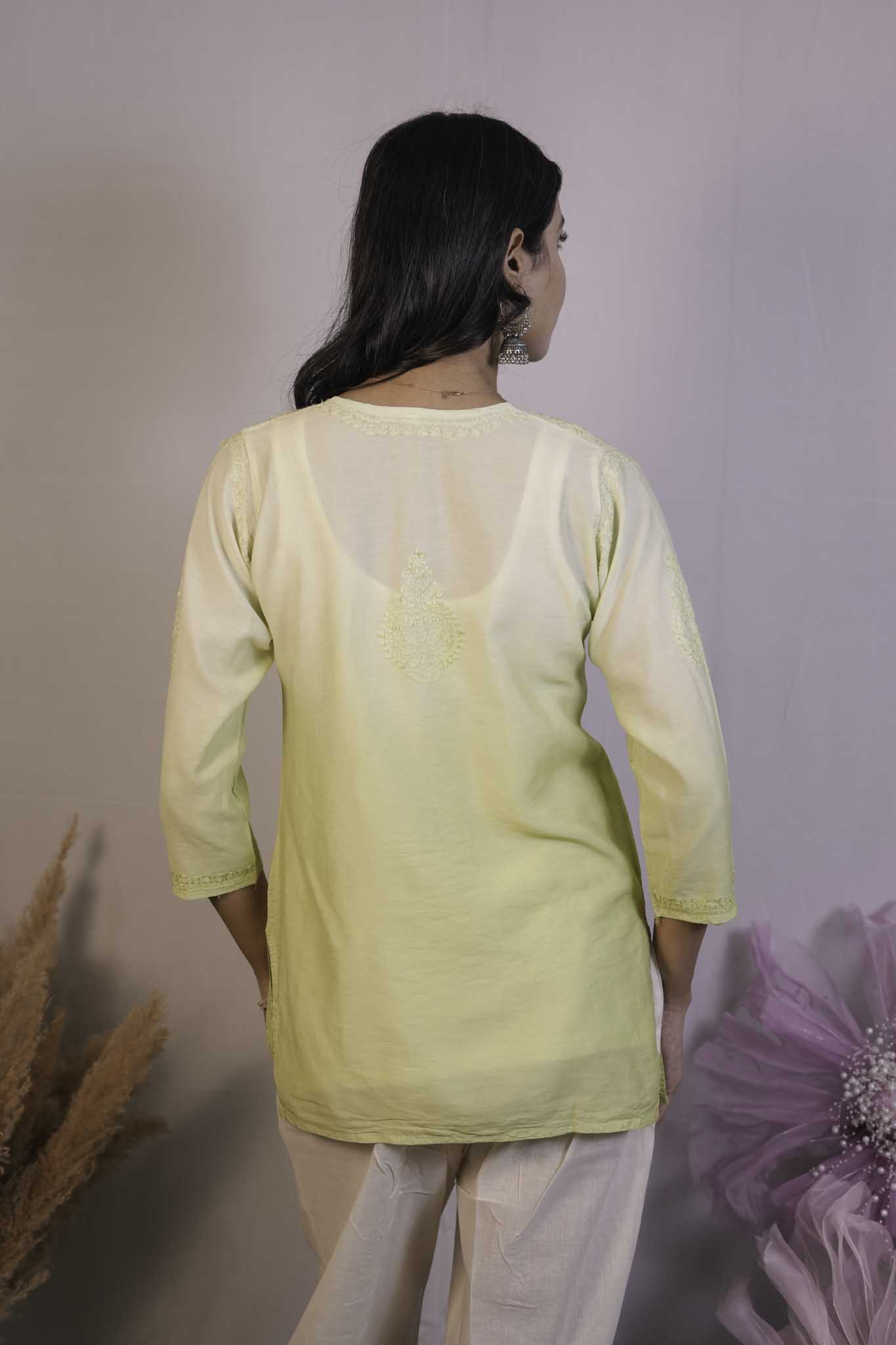 Chanderi Chikankari Yellow Short Kurti