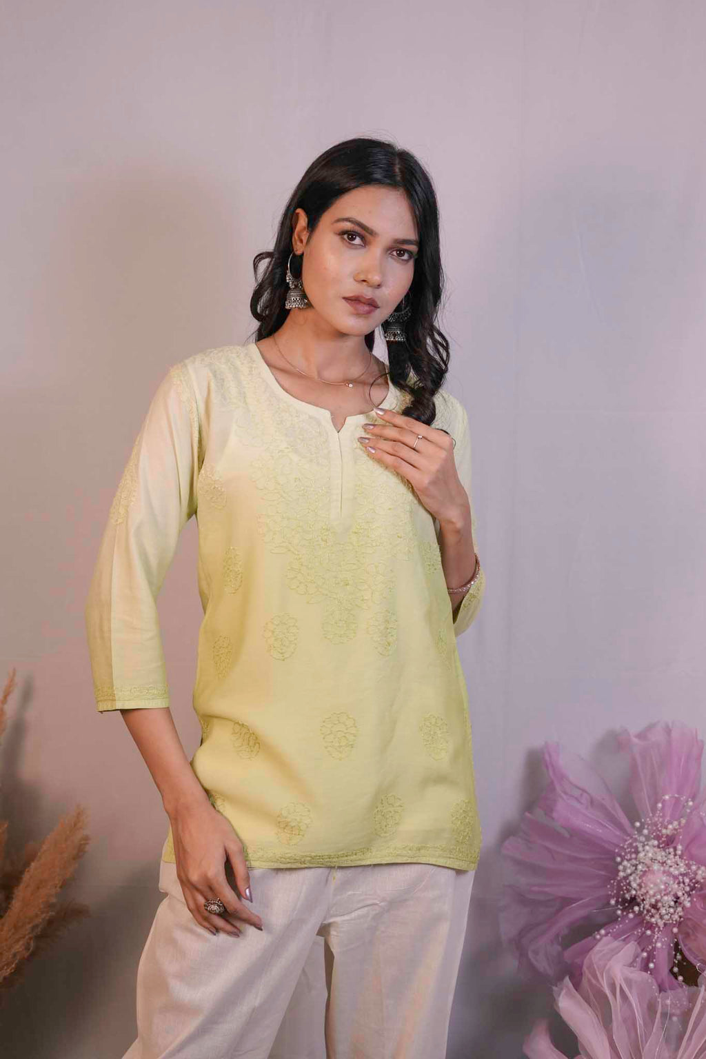 Chanderi Chikankari Yellow Short Kurti