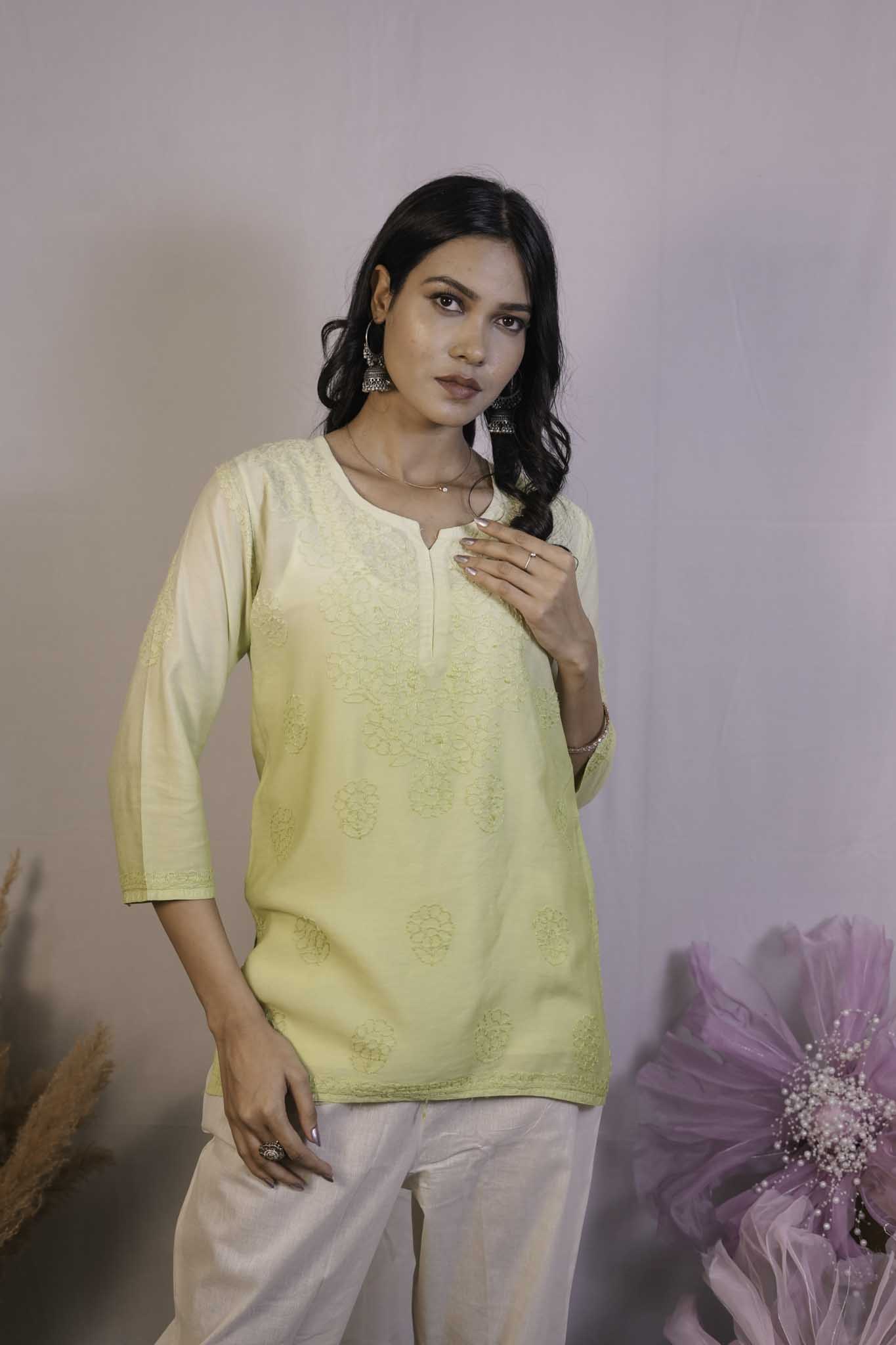 Chanderi Chikankari Yellow Short Kurti