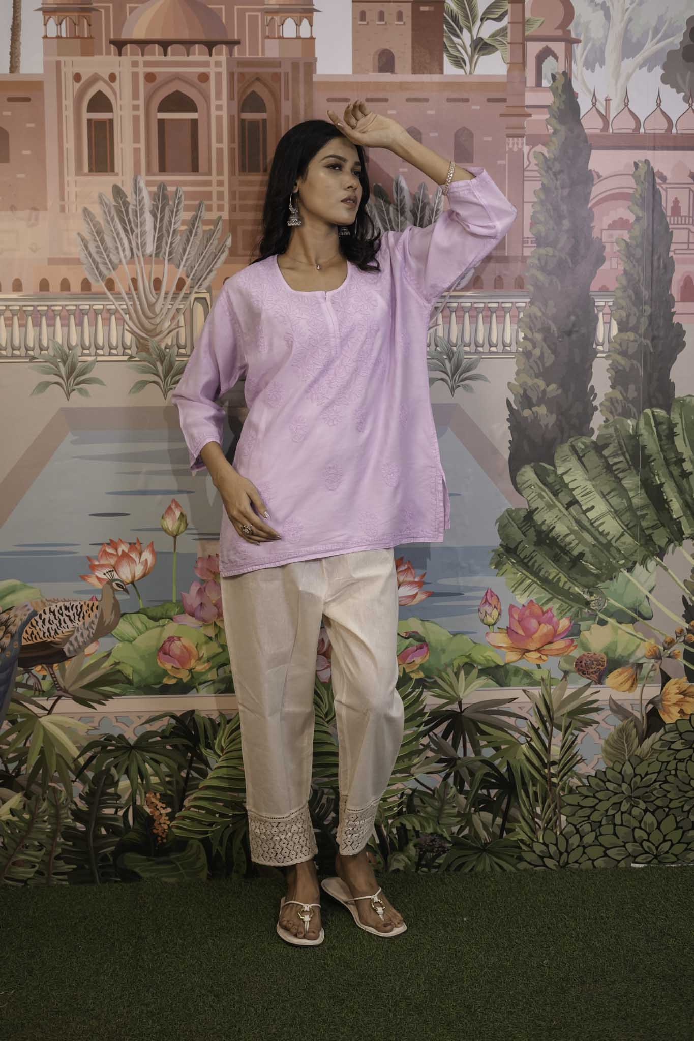 Chanderi Chikankari  Purple Short Kurti