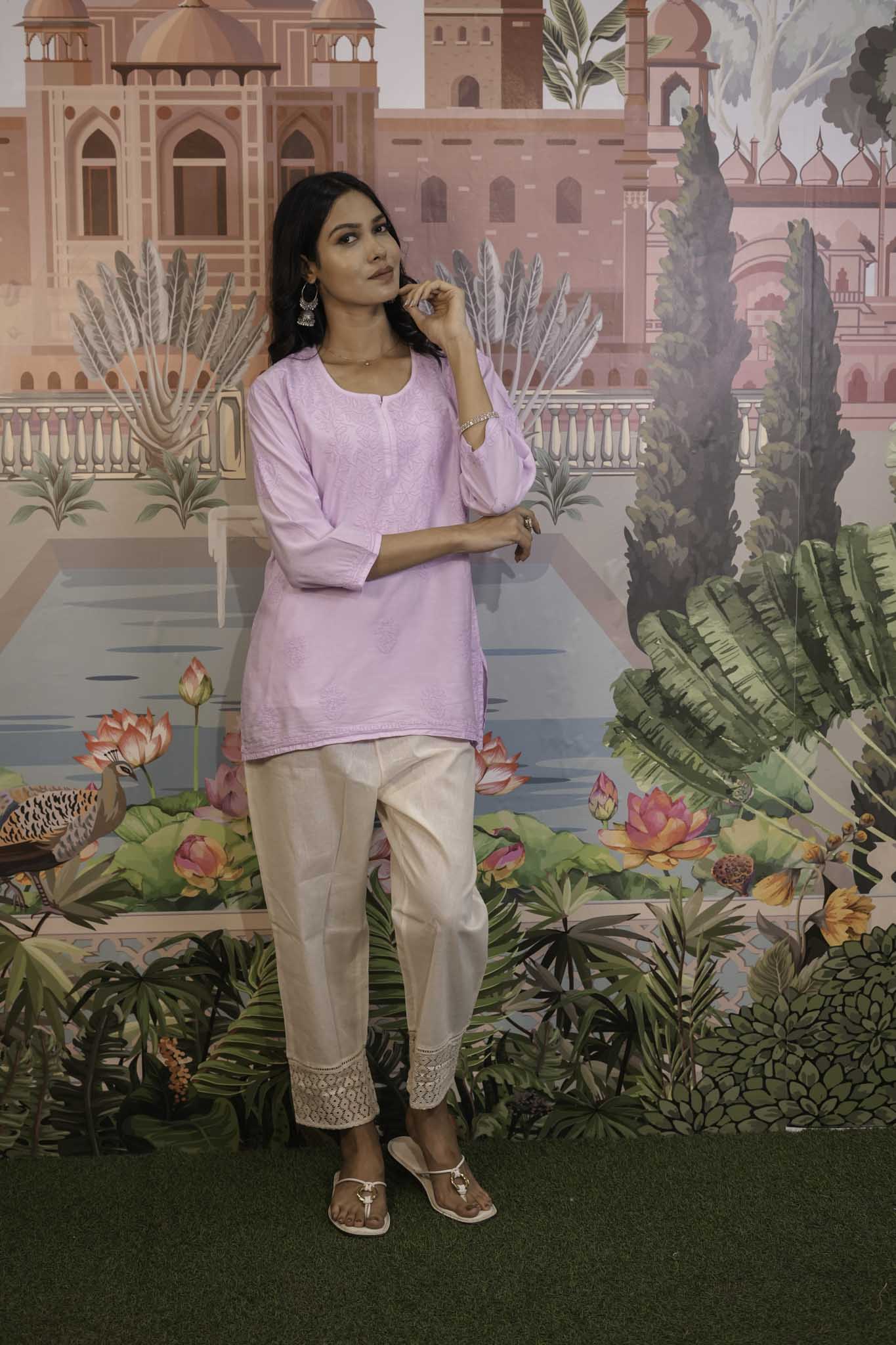 Chanderi Chikankari  Purple Short Kurti