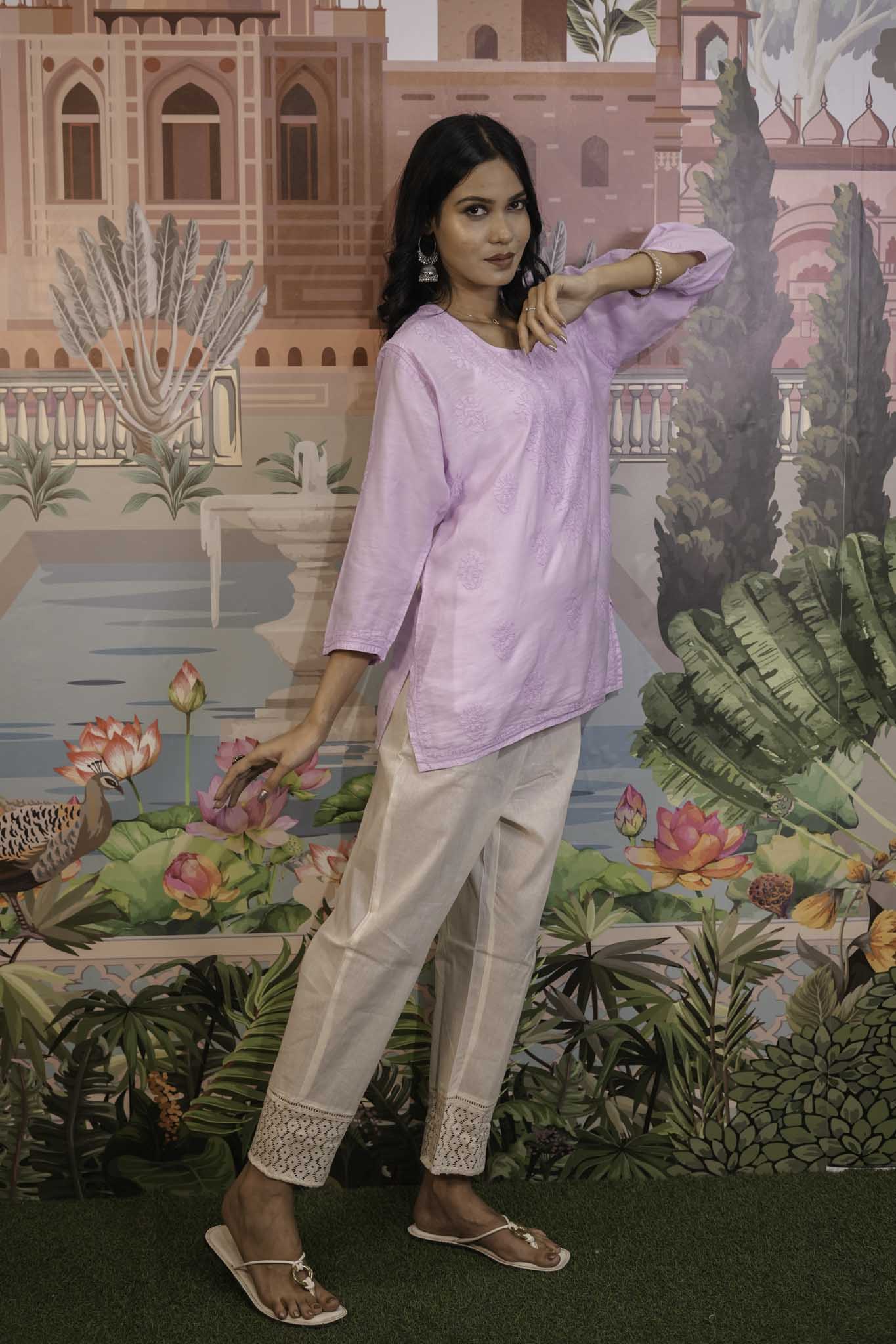 Chanderi Chikankari  Purple Short Kurti