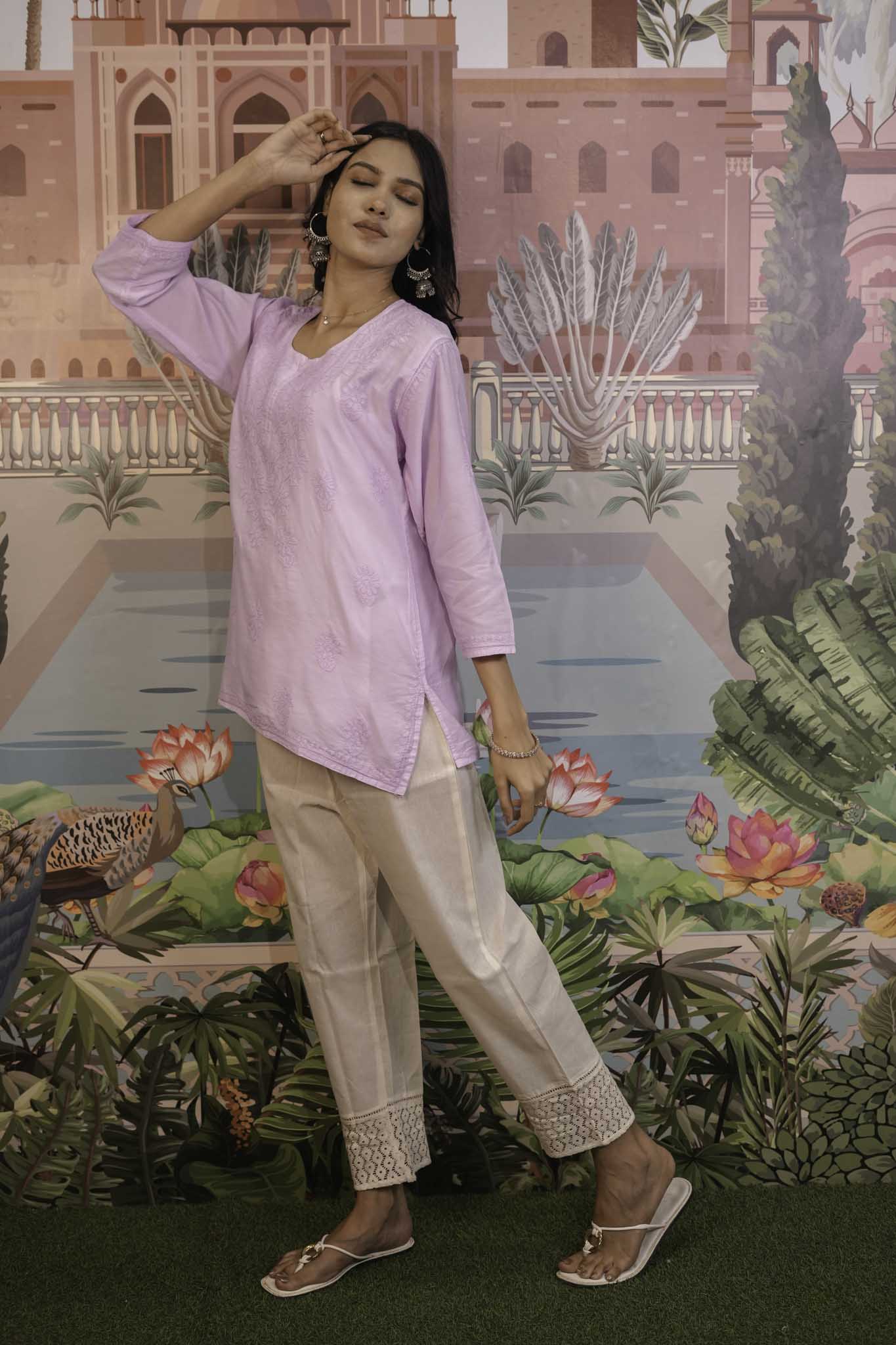 Chanderi Chikankari  Purple Short Kurti
