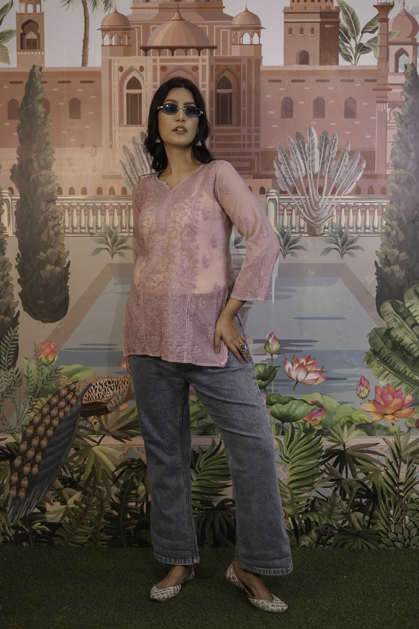 Mulmul Chikankari Purple Short Top
