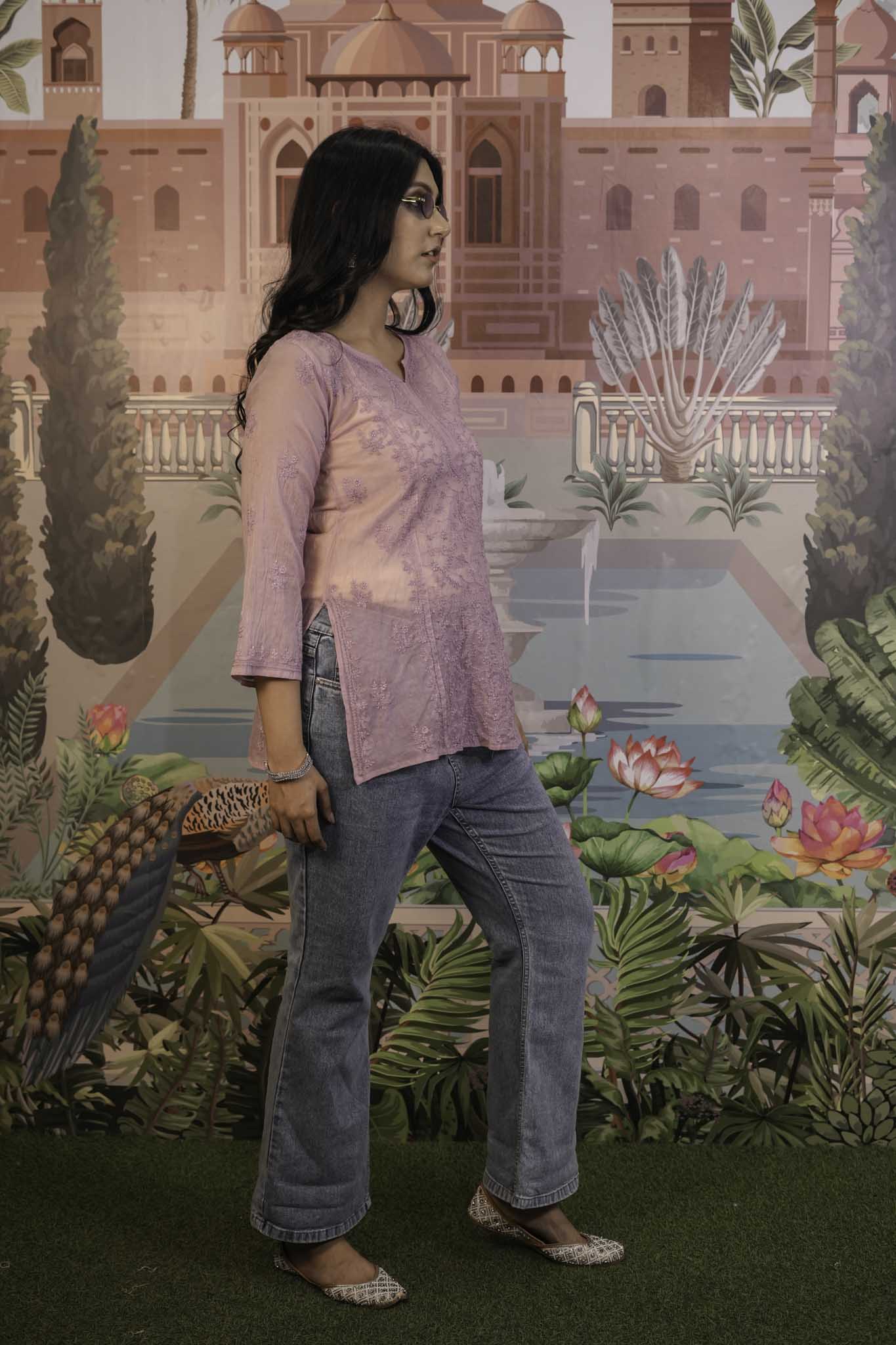 Mulmul Chikankari Purple Short Top
