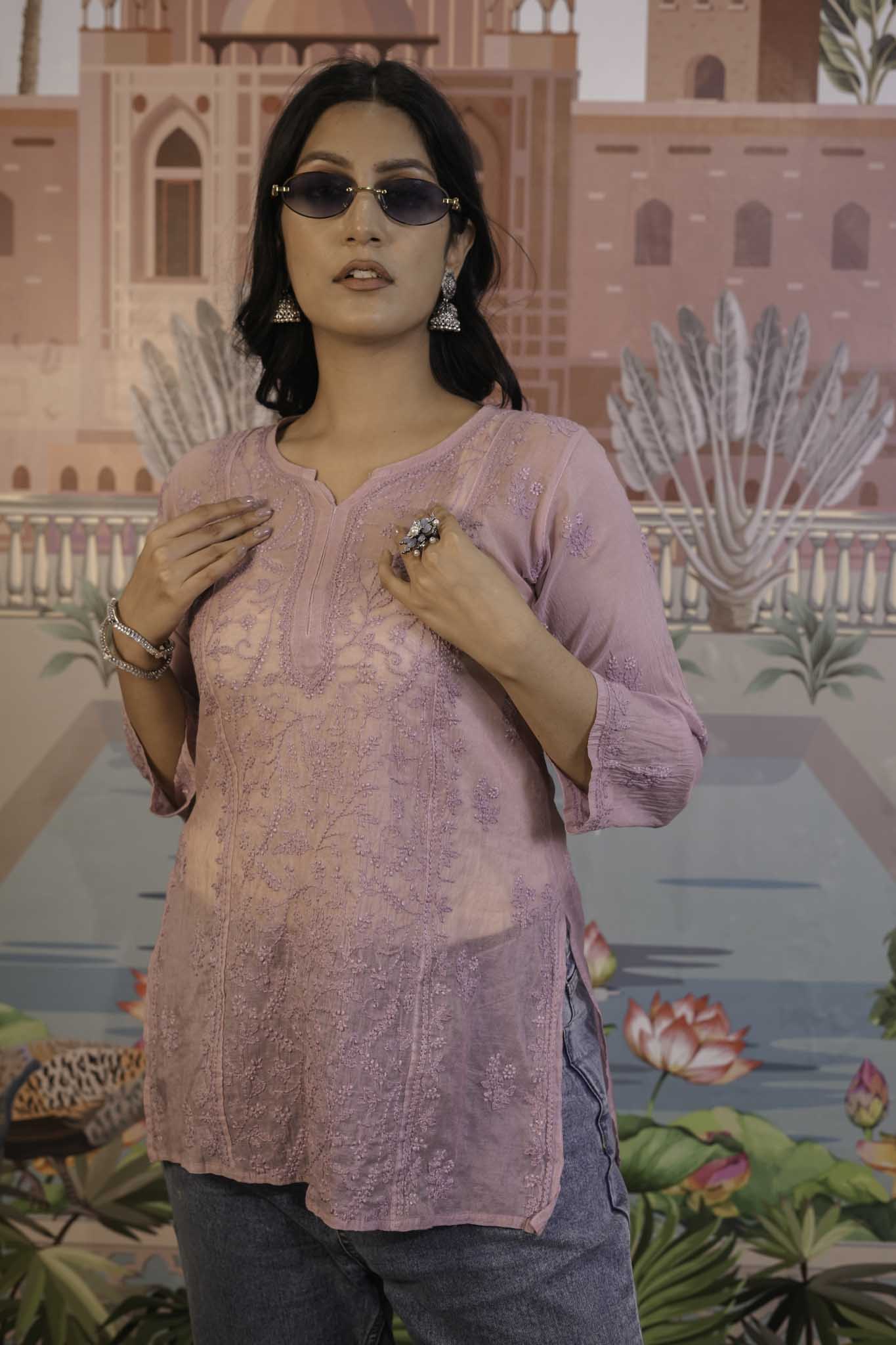Mulmul Chikankari Purple Short Top