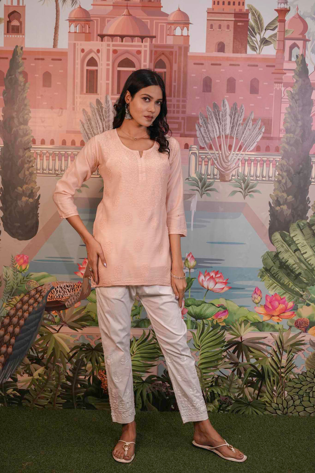 Chanderi Chikankari  Beige Short Kurti