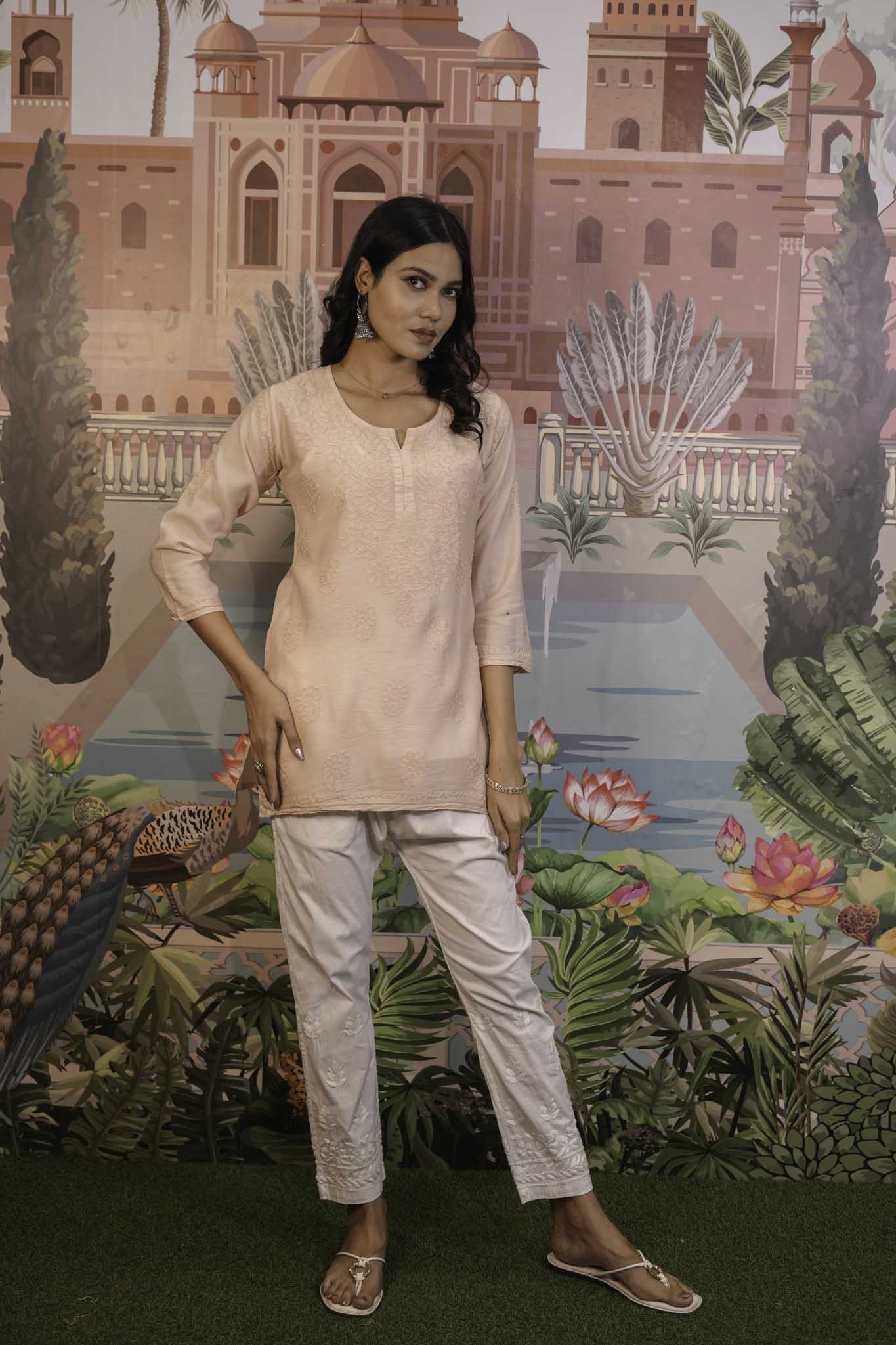 Chanderi Chikankari  Beige Short Kurti