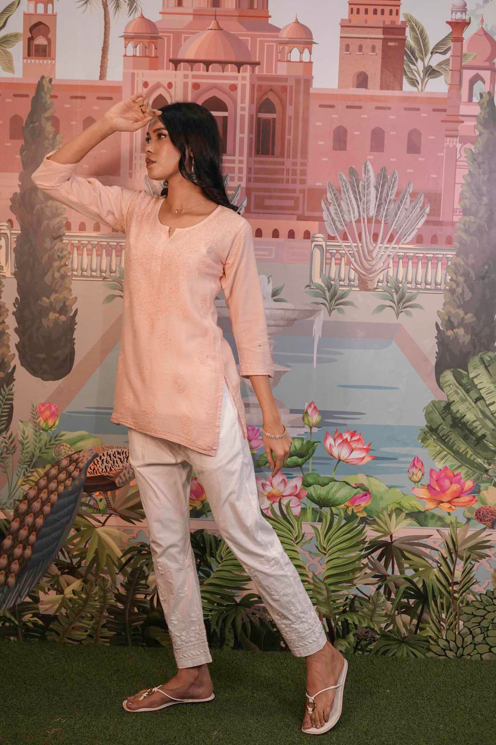 Chanderi Chikankari  Beige Short Kurti
