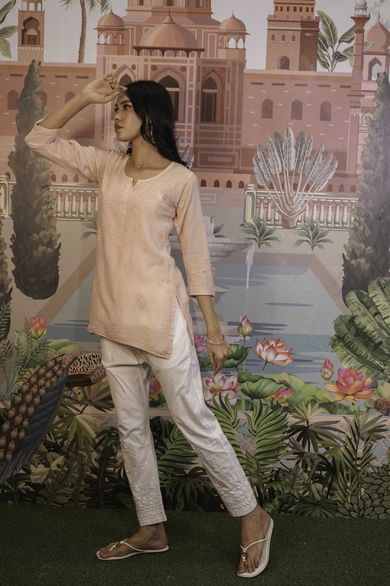 Chanderi Chikankari  Beige Short Kurti