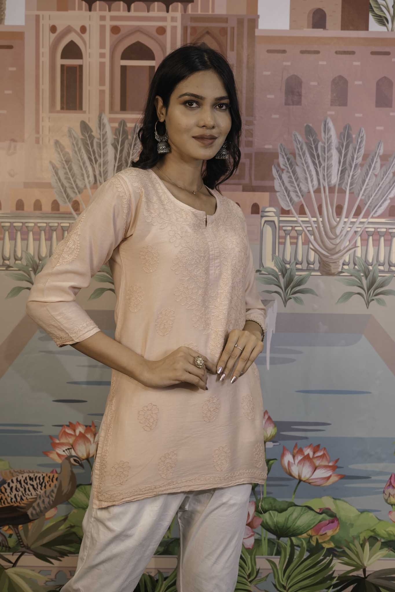 Chanderi Chikankari  Beige Short Kurti