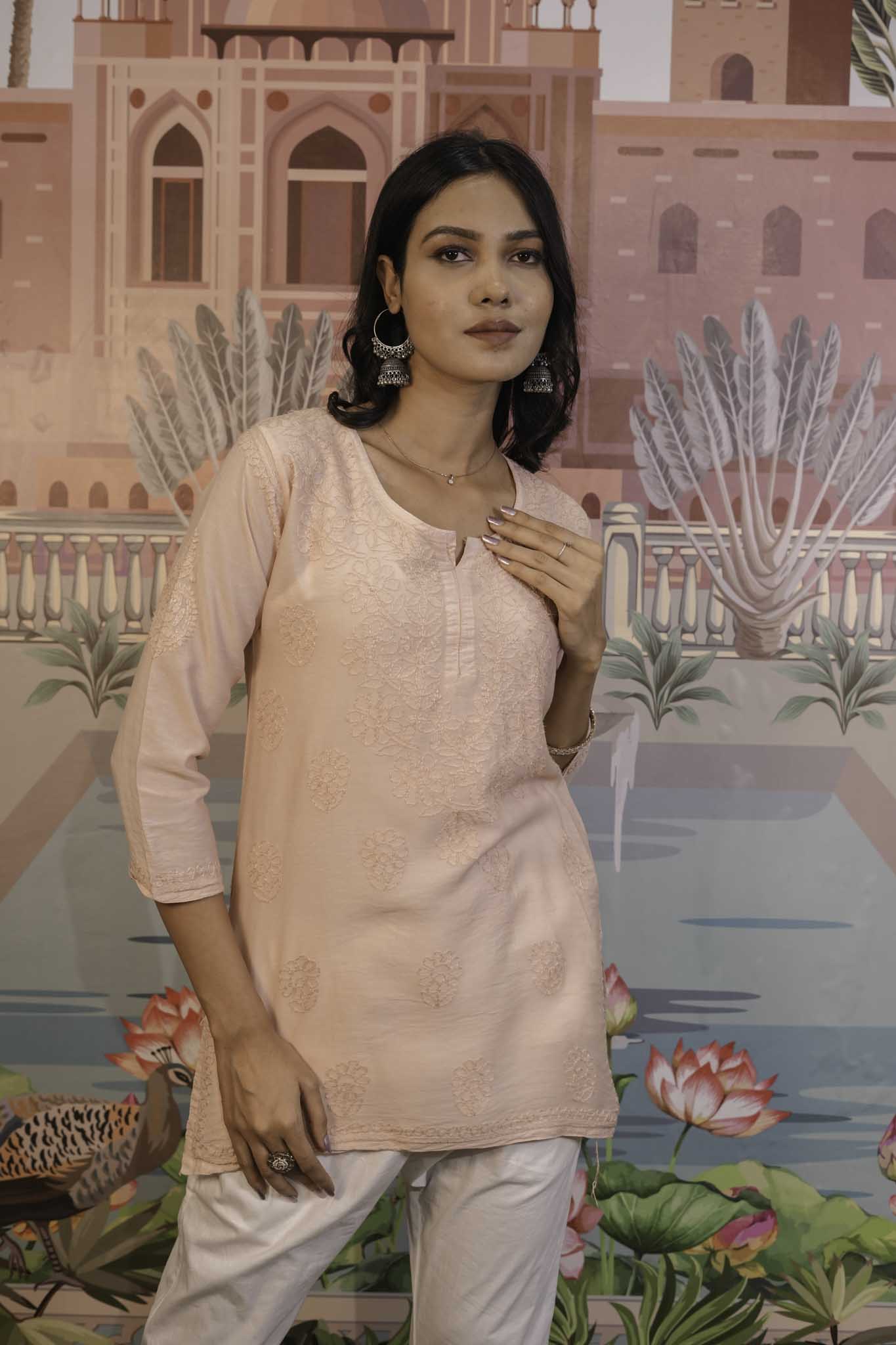 Chanderi Chikankari  Beige Short Kurti