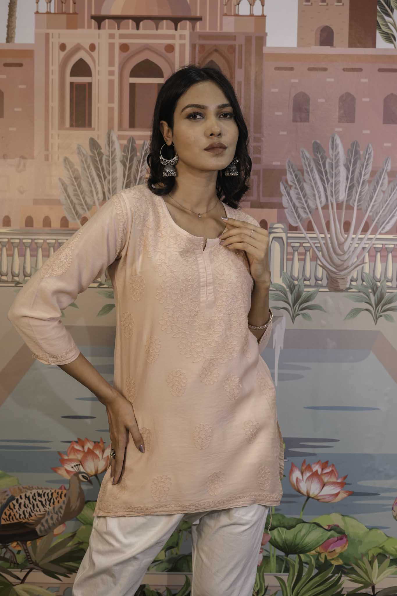 Chanderi Chikankari  Beige Short Kurti
