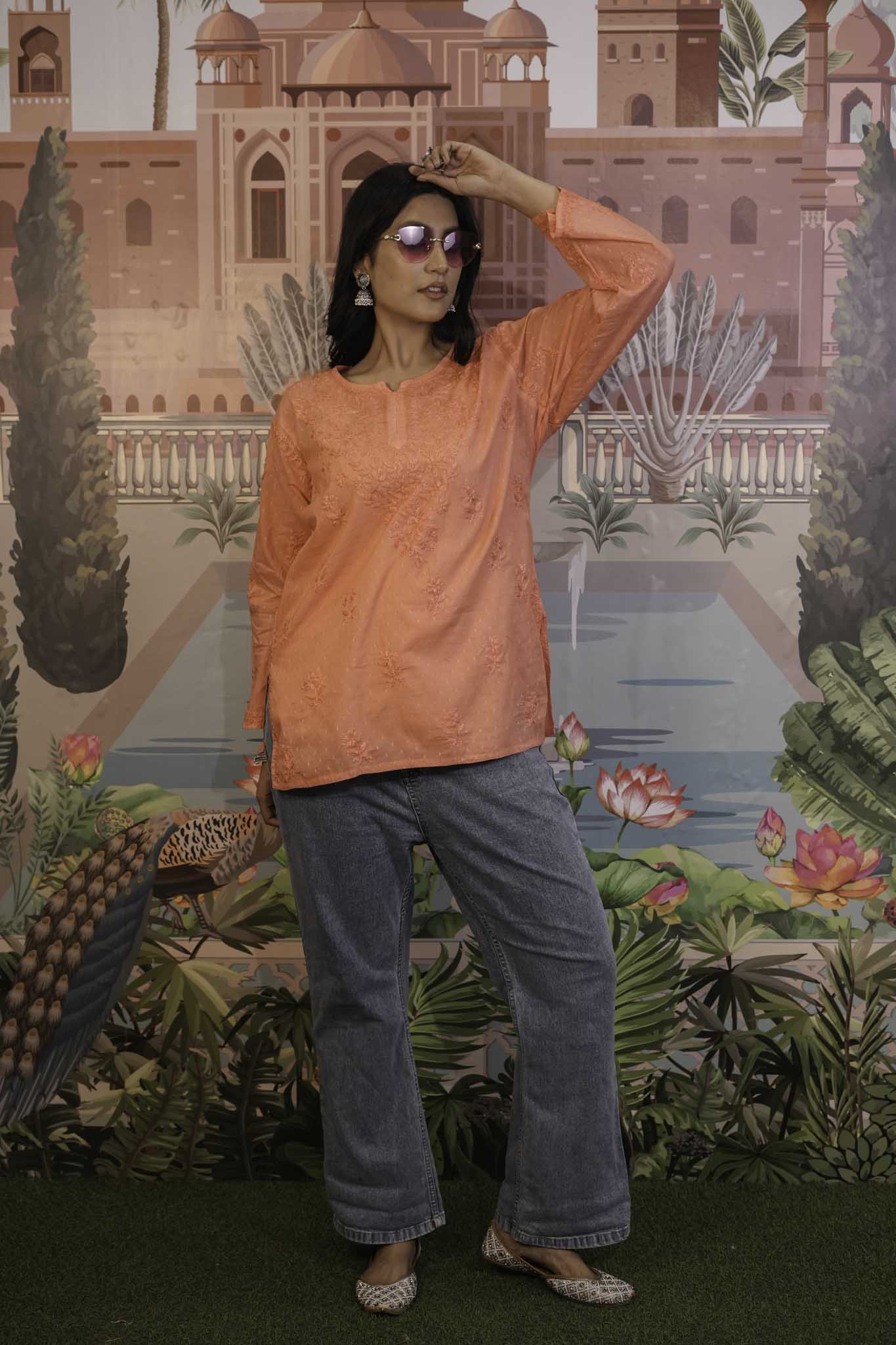 Dobby Cotton Orange Chikankari Short Kurti